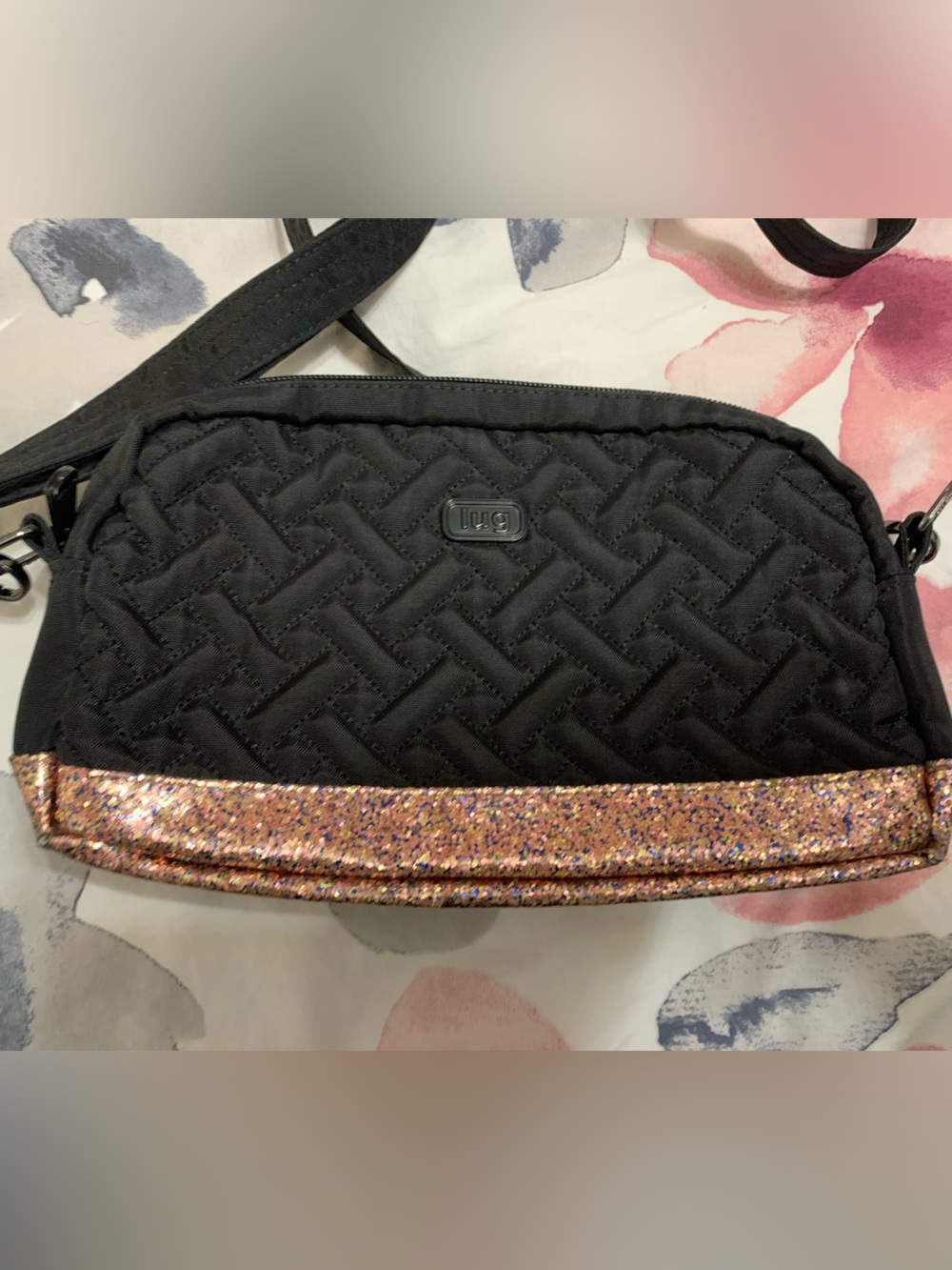 lug Black Crossbody Bag with Rose Gold Glitter Base punter - Picture 3 of 7